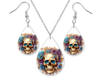 Golden Blue Floral Skull Earrings and Necklace Set - Sew Lucky Embroidery