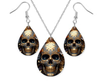 Golden Gray Skull Earrings and Necklace Set - Sew Lucky Embroidery
