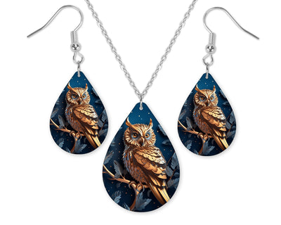 Golden Night Owl Earrings and Necklace Set