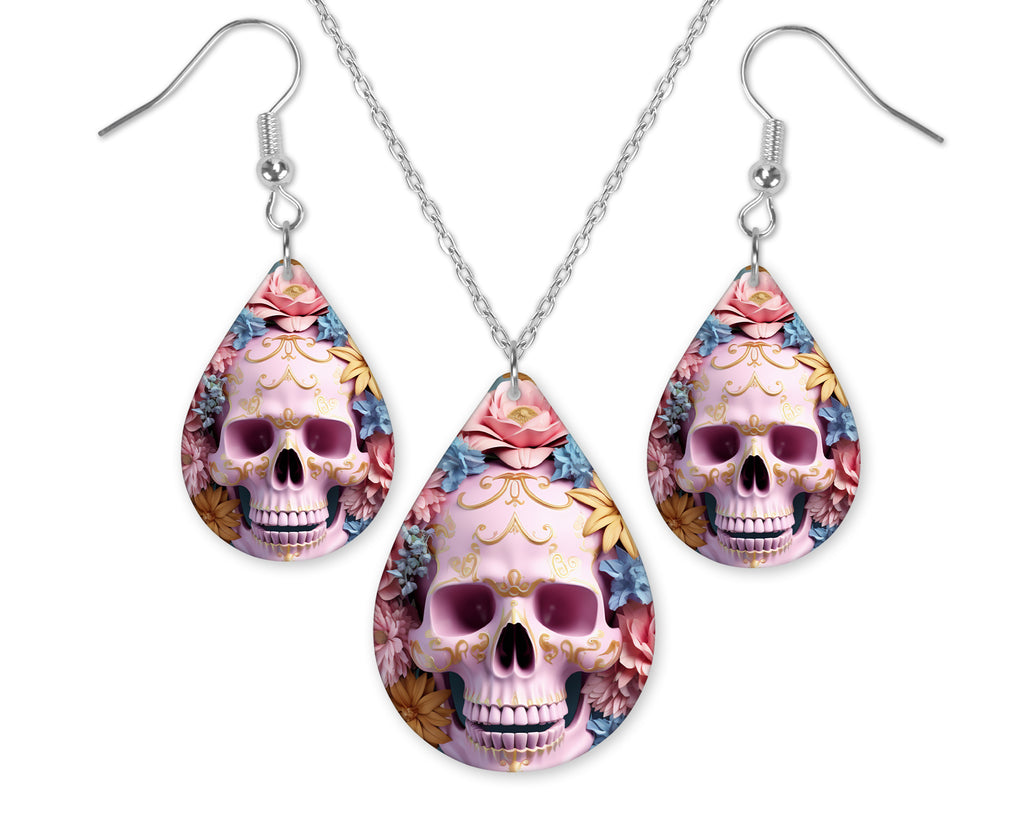 Golden Pink Skull Earrings and Necklace Set - Sew Lucky Embroidery