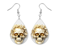 Golden White Floral Skull Earrings and Necklace Set - Sew Lucky Embroidery