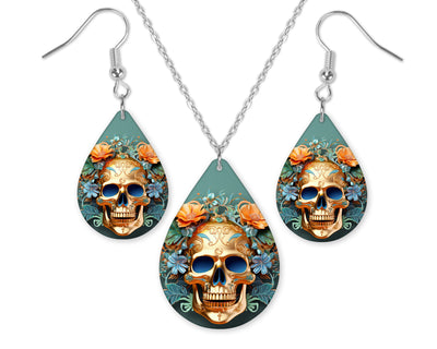 Green Floral Gold Skull Earrings and Necklace Set