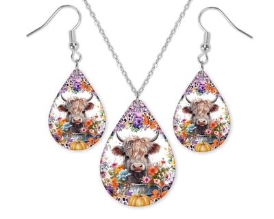 Halloween Highland Cow Earrings and Necklace Set