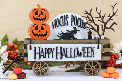 Handmade Wood Wagon Fall Halloween Decor Set