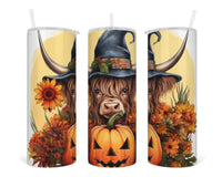 Halloween Highland Witchy Cow 20 oz insulated tumbler with lid and straw - Sew Lucky Embroidery