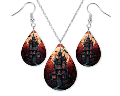 Haunted House with Full Moon Earrings and Necklace Set
