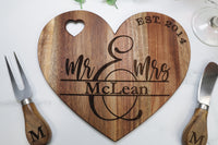 Personalized Heart-Shaped Acacia Wood Cheese Board for Two - Mini Charcuterie Board - Sew Lucky Embroidery