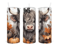 Highland Calf Girl with Pumpkins 20 oz insulated tumbler with lid and straw - Sew Lucky Embroidery
