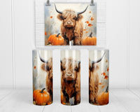 Highland Calf Boy with Pumpkins 20 oz insulated tumbler with lid and straw - Sew Lucky Embroidery