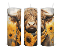 Highland Cow with Fall Sunflowers 20 oz insulated tumbler with lid and straw - Sew Lucky Embroidery