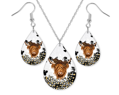 Highland Cow Leopard Earrings and Necklace Set