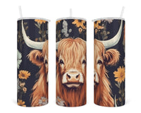 Highland Cow Floral 20 oz insulated tumbler with lid and straw - Sew Lucky Embroidery