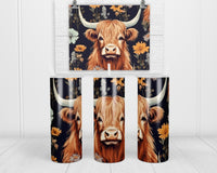 Highland Cow Floral 20 oz insulated tumbler with lid and straw - Sew Lucky Embroidery