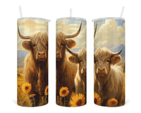 Highland Cows in Sunflowers 20 oz insulated tumbler with lid and straw - Sew Lucky Embroidery