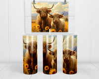 Highland Cows in Sunflowers 20 oz insulated tumbler with lid and straw - Sew Lucky Embroidery