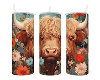 Highland Cow with Flowers 20 oz insulated tumbler with lid and straw - Sew Lucky Embroidery