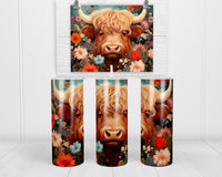 Highland Cow with Flowers 20 oz insulated tumbler with lid and straw - Sew Lucky Embroidery
