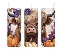 Highland Cow with Pumpkins 20 oz insulated tumbler with lid and straw - Sew Lucky Embroidery