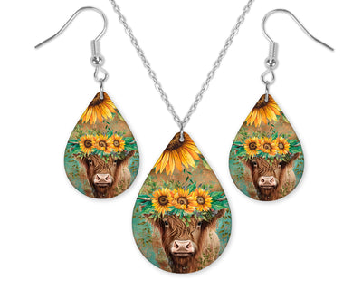 Highland Cow with Sunflower Crown Earrings and Necklace Set