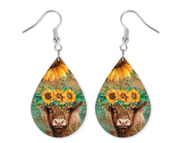 Highland Cow with Sunflower Crown Earrings and Necklace Set - Sew Lucky Embroidery