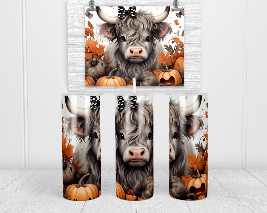 Highland Calf Girl with Pumpkins 20 oz insulated tumbler with lid and straw - Sew Lucky Embroidery