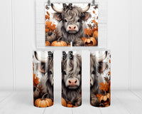 Highland Calf Girl with Pumpkins 20 oz insulated tumbler with lid and straw - Sew Lucky Embroidery
