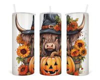 Highland Calf as Halloween Witch 20 oz insulated tumbler with lid and straw - Sew Lucky Embroidery