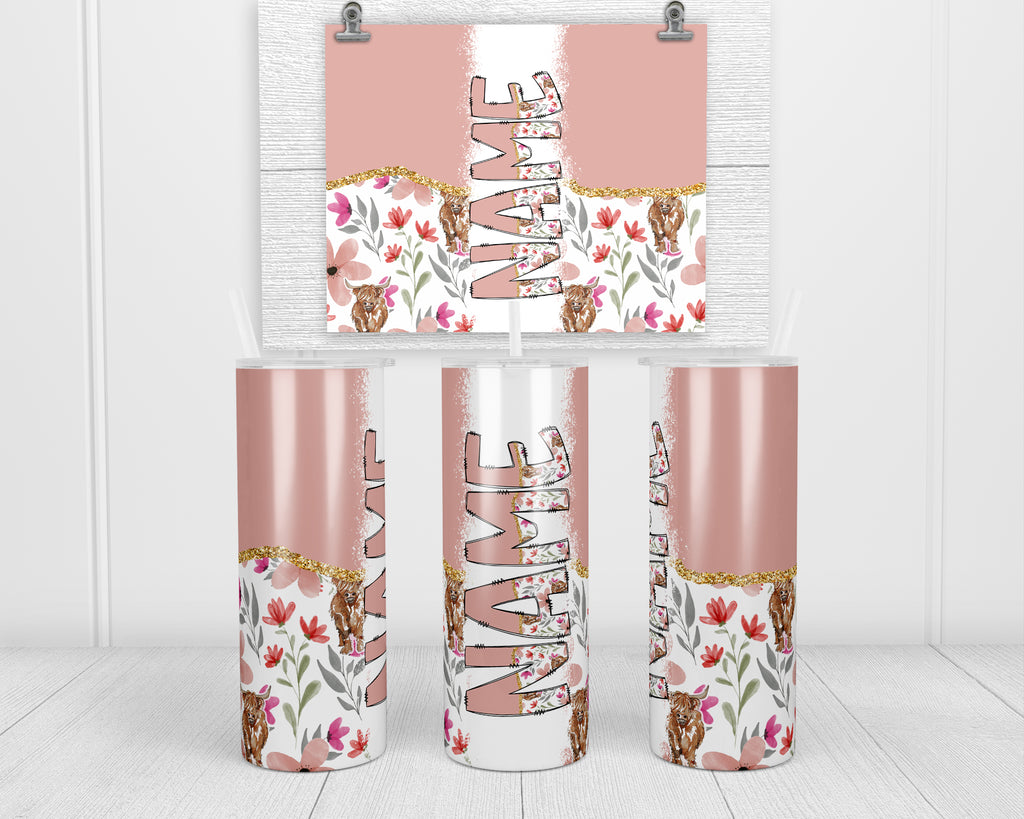 Highland Cows Pink Personalized 20oz Insulated Tumbler with Lid and Straw - Sew Lucky Embroidery
