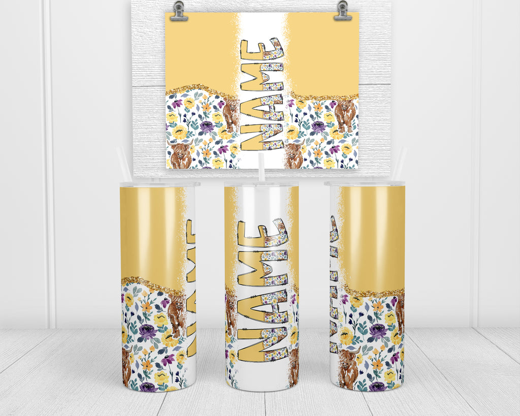 Highland Cows Yellow Personalized 20oz Insulated Tumbler with Lid and Straw - Sew Lucky Embroidery