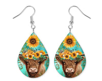 Highland Cow with Sunflowers Earrings and Necklace Set - Sew Lucky Embroidery