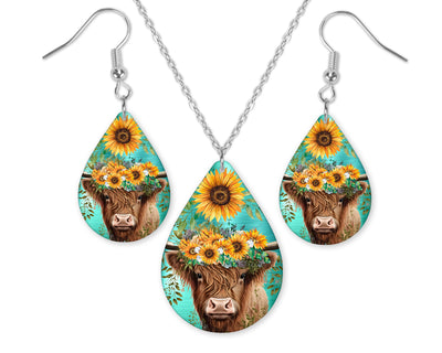 Highland Cow with Sunflowers Earrings and Necklace Set