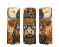 Hipster Highland Cow 20 oz insulated tumbler with lid and straw - Sew Lucky Embroidery