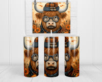 Hipster Highland Cow 20 oz insulated tumbler with lid and straw - Sew Lucky Embroidery