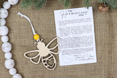 Handmade Maple Wood Bee Christmas Ornament and story card