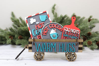Hot Cocoa Handmade Wood Wagon Christmas or Winter Decor Set