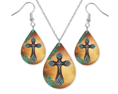 Leather Cross Earrings and Necklace Set