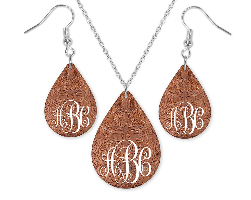 Leather Monogrammed Design Teardrop Earrings and Necklace Set - Sew Lucky Embroidery