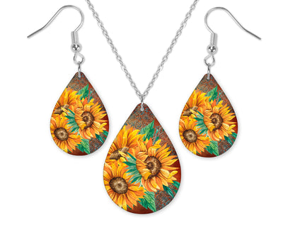 Leather and Sunflowers Earrings and Necklace Set