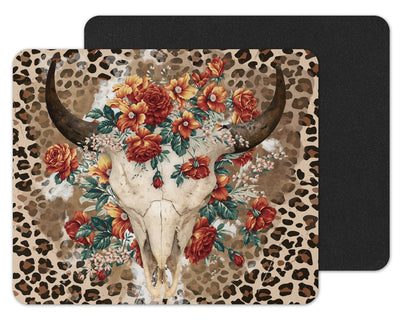 Leopard Floral Bull Skull Mouse Pad