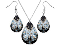 Light Blue Rhinestone Butterfly Earrings and Necklace Set - Sew Lucky Embroidery