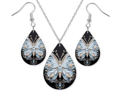 Light Blue Rhinestone Butterfly Earrings and Necklace Set