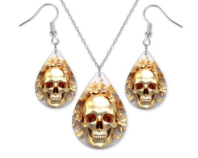 Light Golden Floral Skull Earrings and Necklace Set