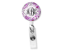 Light Purple Floral Monogram Badge Reel - Sew Lucky Embroidery