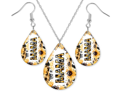 Mama Sunflower Leopard Earrings and Necklace Set