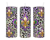 Mardi Gras Leopard 20 oz insulated tumbler with lid and straw - Sew Lucky Embroidery
