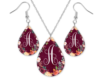 Maroon Floral Monogrammed Teardrop Earrings and Necklace Set