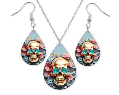 Metallic Floral Skull Earrings and Necklace Set