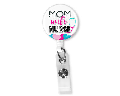 Mom Wife Nurse Hearts Badge Reel