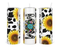 Mom Sunflower Cow Print 20 oz insulated tumbler with lid and straw - Sew Lucky Embroidery