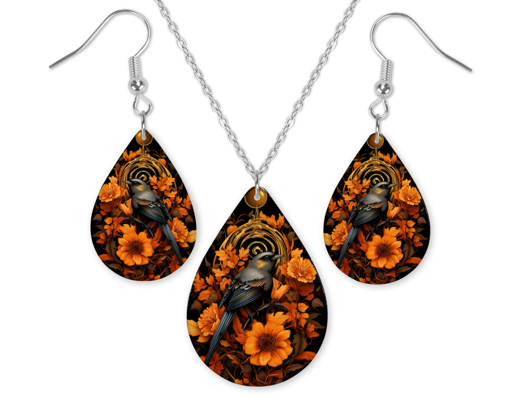 October Floral Bird Earrings and Necklace Set - Sew Lucky Embroidery